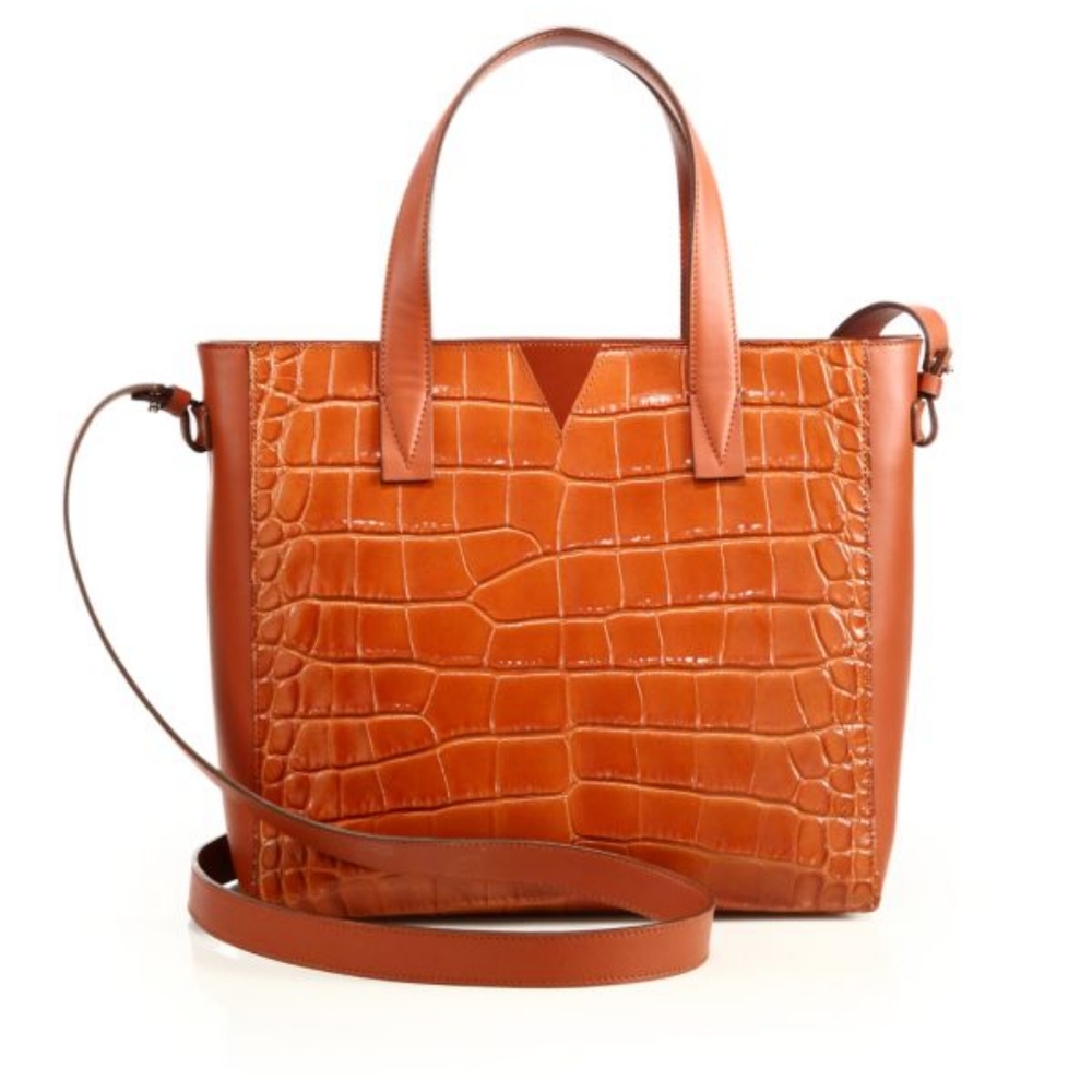 VINCE Signature V Baby Crocodile-Embossed Leather & Smooth Leather Tote